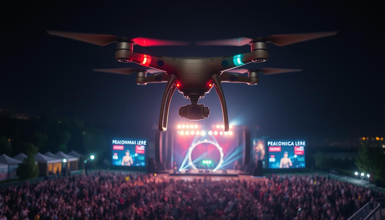 Dron filmujący koncert muzyczny z powietrza, pokazujący zastosowanie profesjonalnego filmowania dronem dla produkcji audiowizualnych