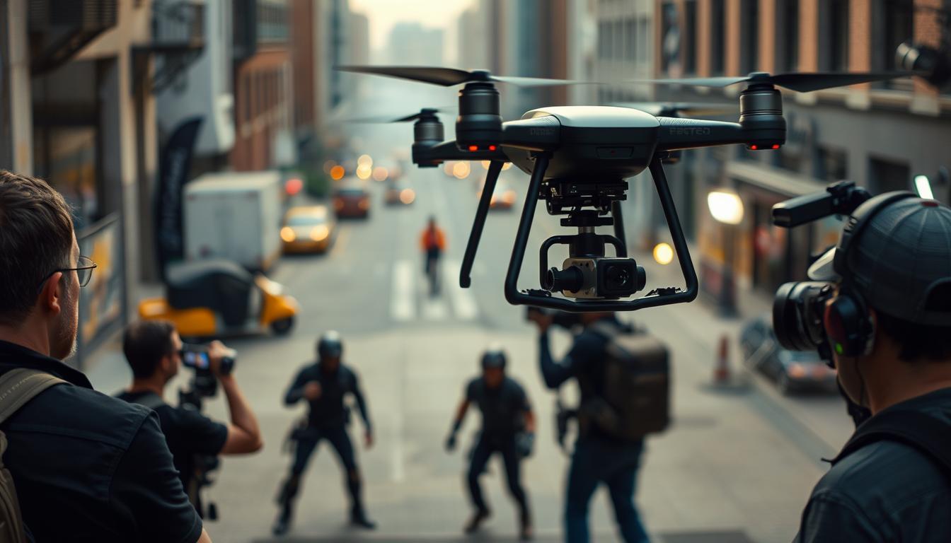 Dron filmujący scenę akcji do filmu fabularnego, przykład profesjonalnego filmowania dronem dla produkcji audiowizualnych