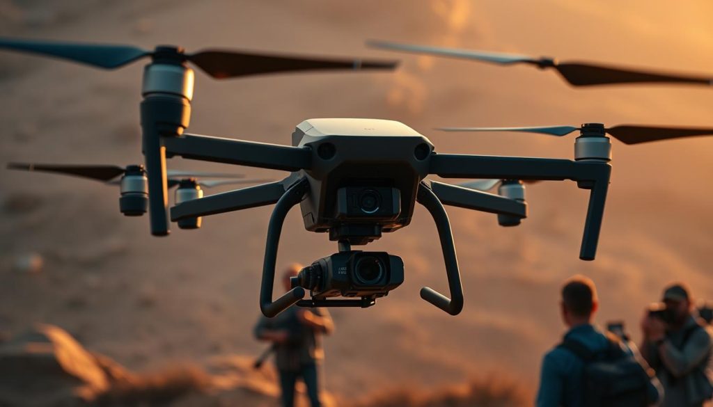 Dron filmujący scenę filmową z powietrza, ukazujący profesjonalne filmowanie dronem dla produkcji audiowizualnych