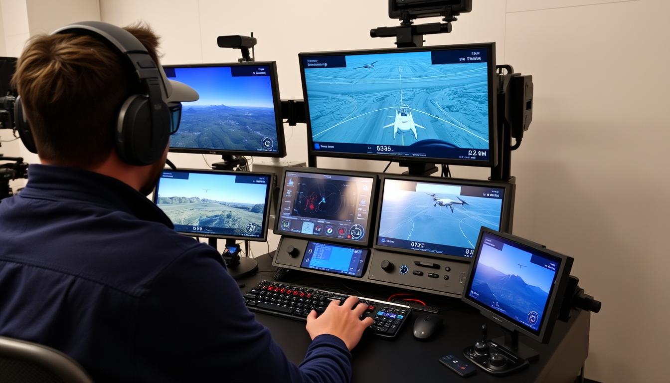 Operator drona monitorujący parametry lotu podczas profesjonalnego filmowania dronem dla produkcji audiowizualnej