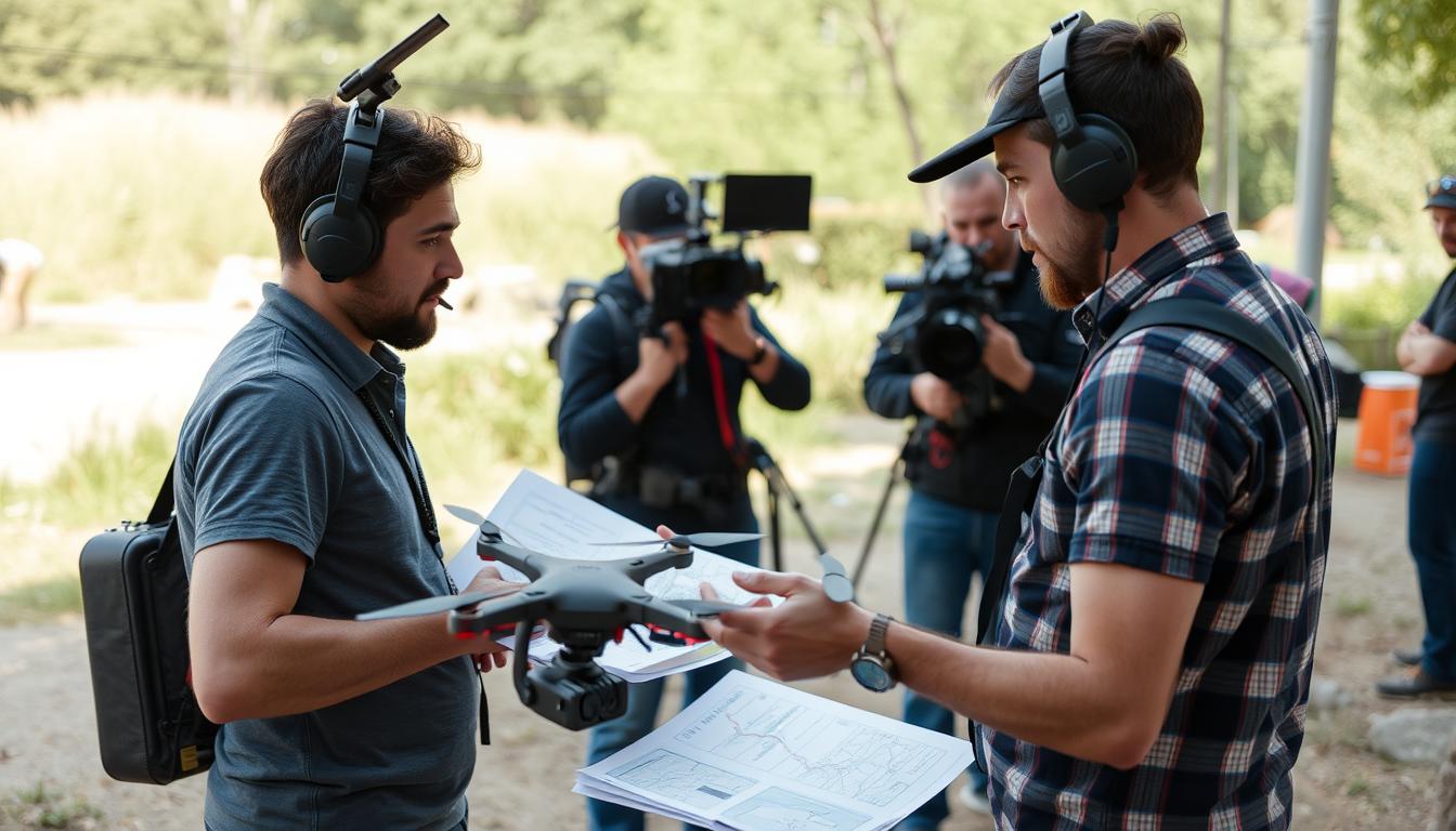 Operator drona współpracujący z reżyserem przy planowaniu ujęć z powietrza dla profesjonalnego filmowania dronem