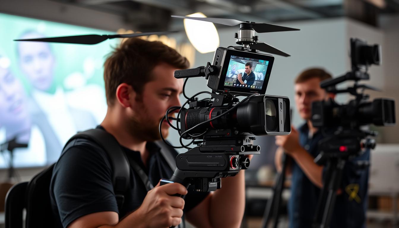 Operator kamery dronowej komponujący ujęcie podczas profesjonalnego filmowania dronem